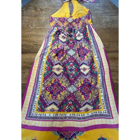Angie Halter Maxi Dress Boho Gold & Magenta Geometric Boarder Print Smocked Sz L - Picture 7 of 13